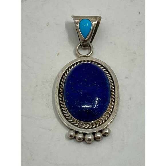 Sterling Silver Lapis Lazuli & Turquoise Pendant Oval Rope Detail Running Bear 9 - Picture 1 of 5